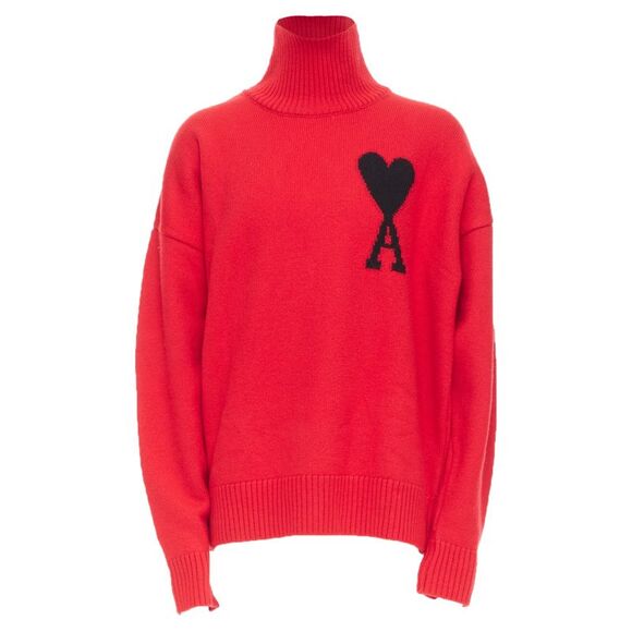 Ami de Coeur Red virgin wool heart logo turtleneck sweater